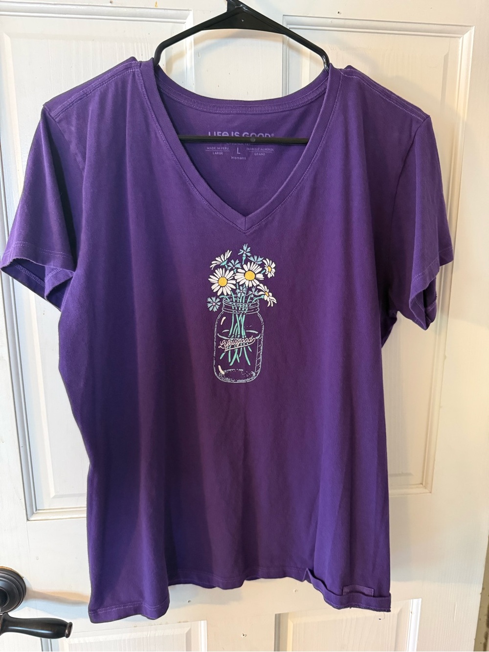 Life Is Good Purple V-Neck Tee with Daisy Mason Jar Graphic